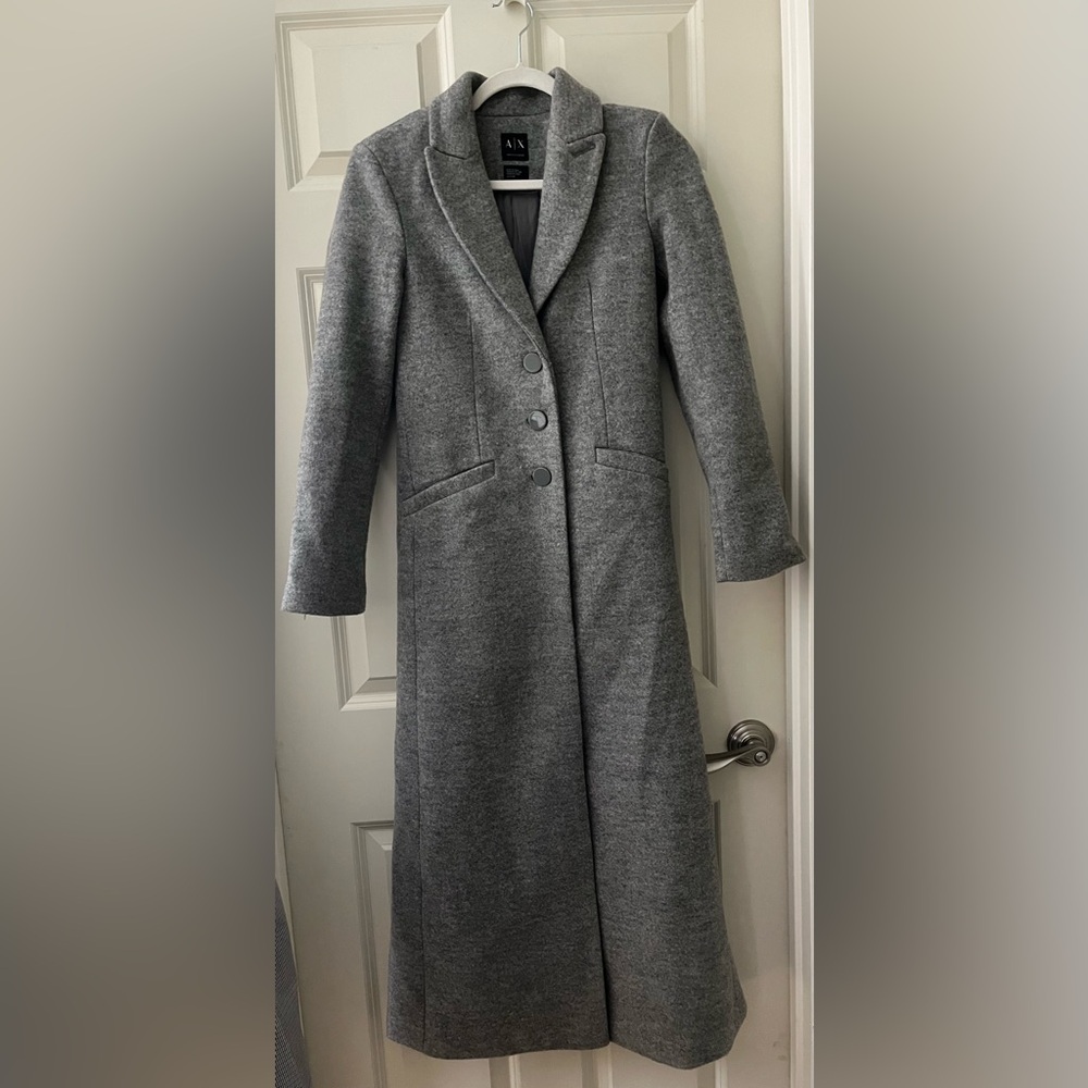 Women’s Armani Exchange Long Wool blend trench coat gray neutral timeless XS